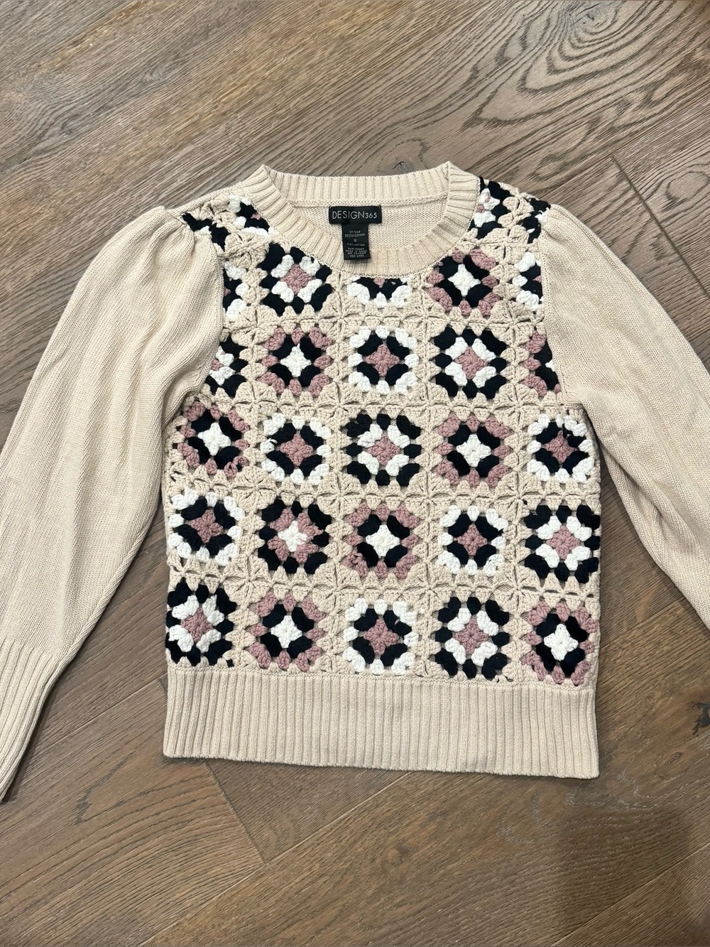 Designs By 8 Beige Crochet-Panel Crewneck Sweater with Pink & Black Accents